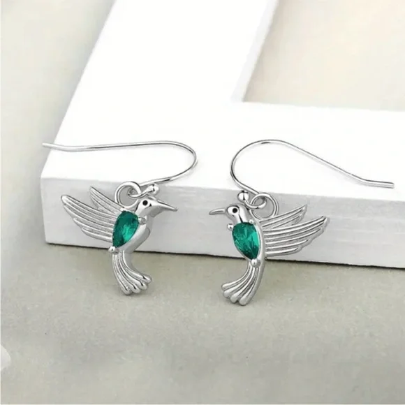 Silver Hummingbird Drop Earrings with Emerald Green Crystal - Picture 2 of 3